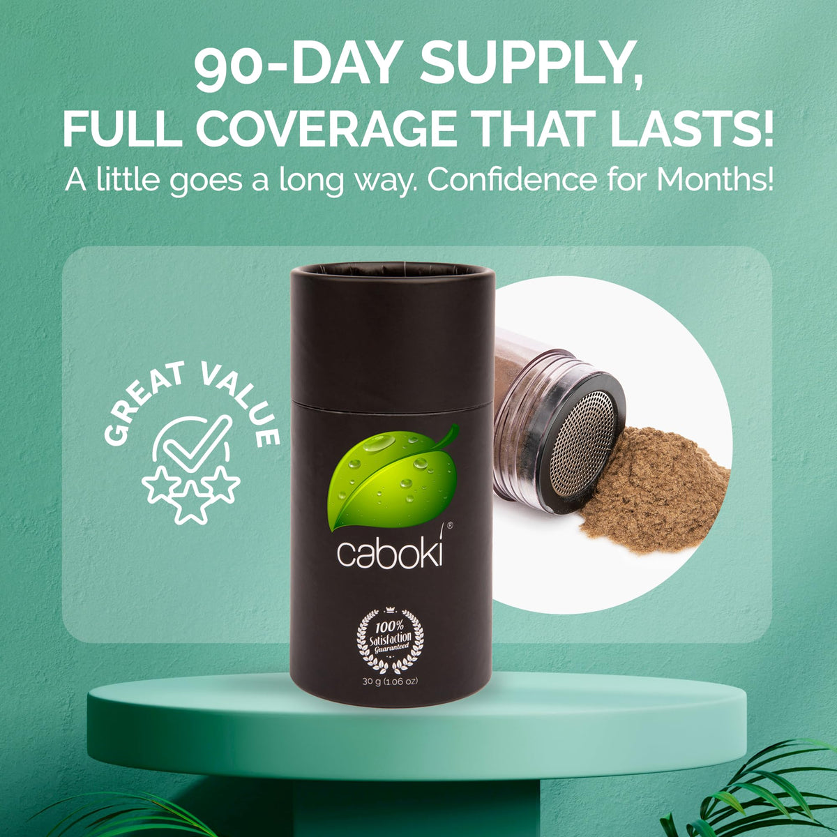 Caboki applicator bottle top view demonstrating shaker design for precise fiber application