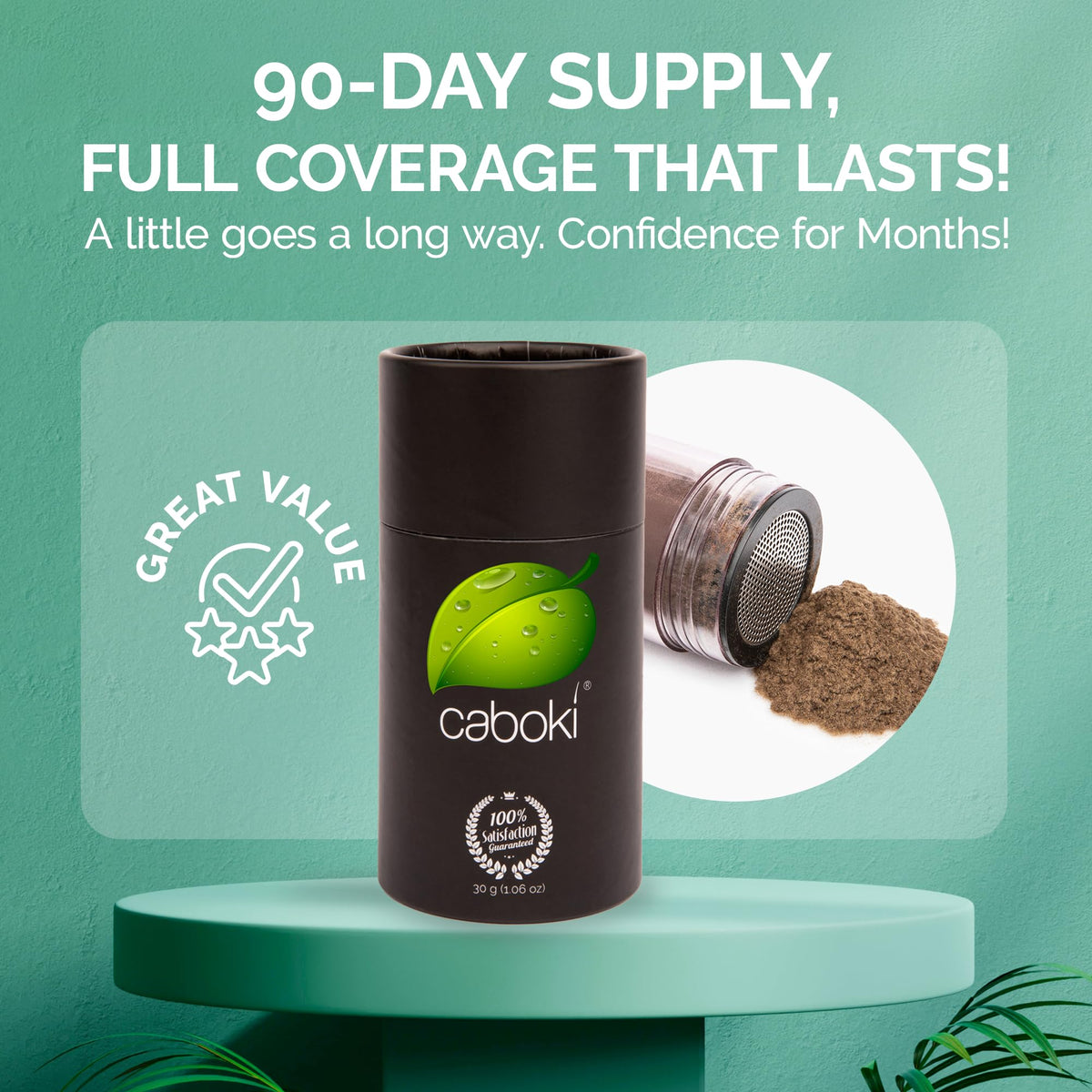 Caboki applicator bottle top view with shaker cap for precise application benefit