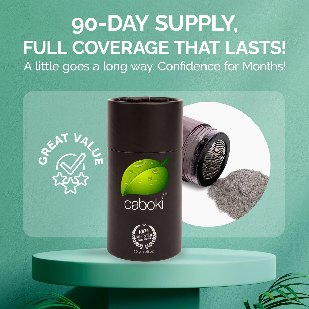Caboki applicator top demonstrating controlled shake dispensing benefit