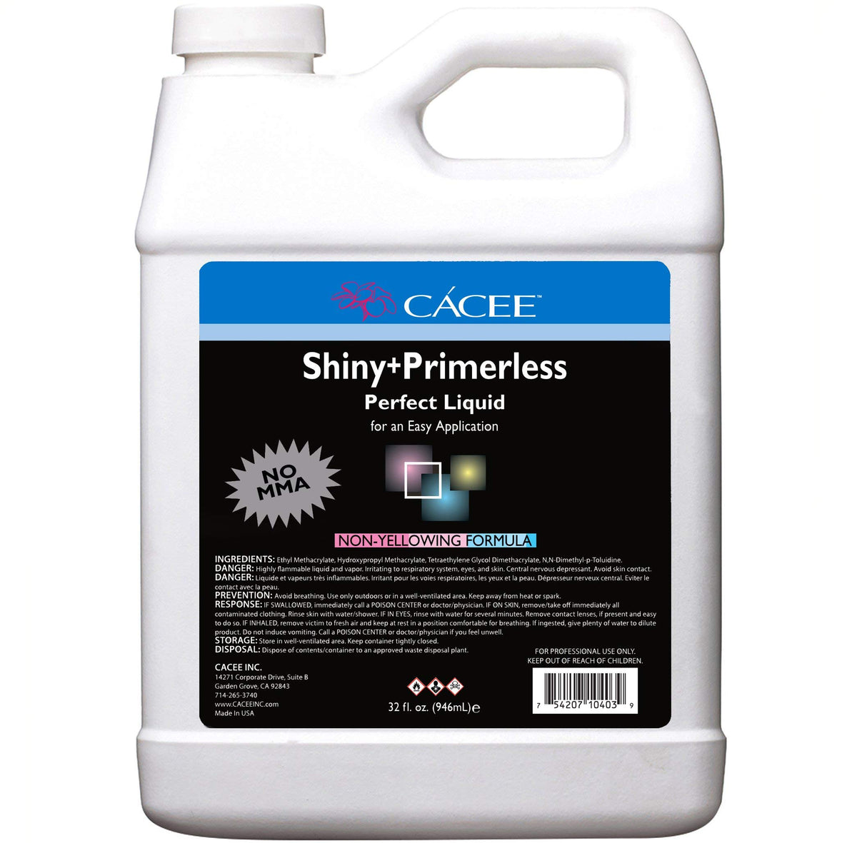 Cacee front packaging 32 oz bottle showing brand and glossy monomer benefits