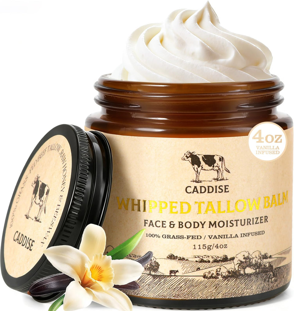 CADDISE front jar showing vanilla whipped beef tallow and nourishing benefits
