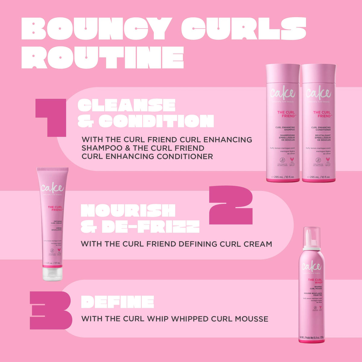 Cake Beauty products in a hand for scale — travel-friendly set for consistent curl routine