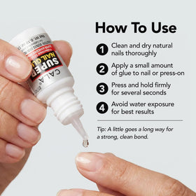 CALA glue droplet on false nail in use demonstrating quick set