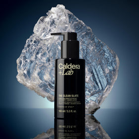 Caldera + Lab bottle beside soft cloth showing soothing daily use