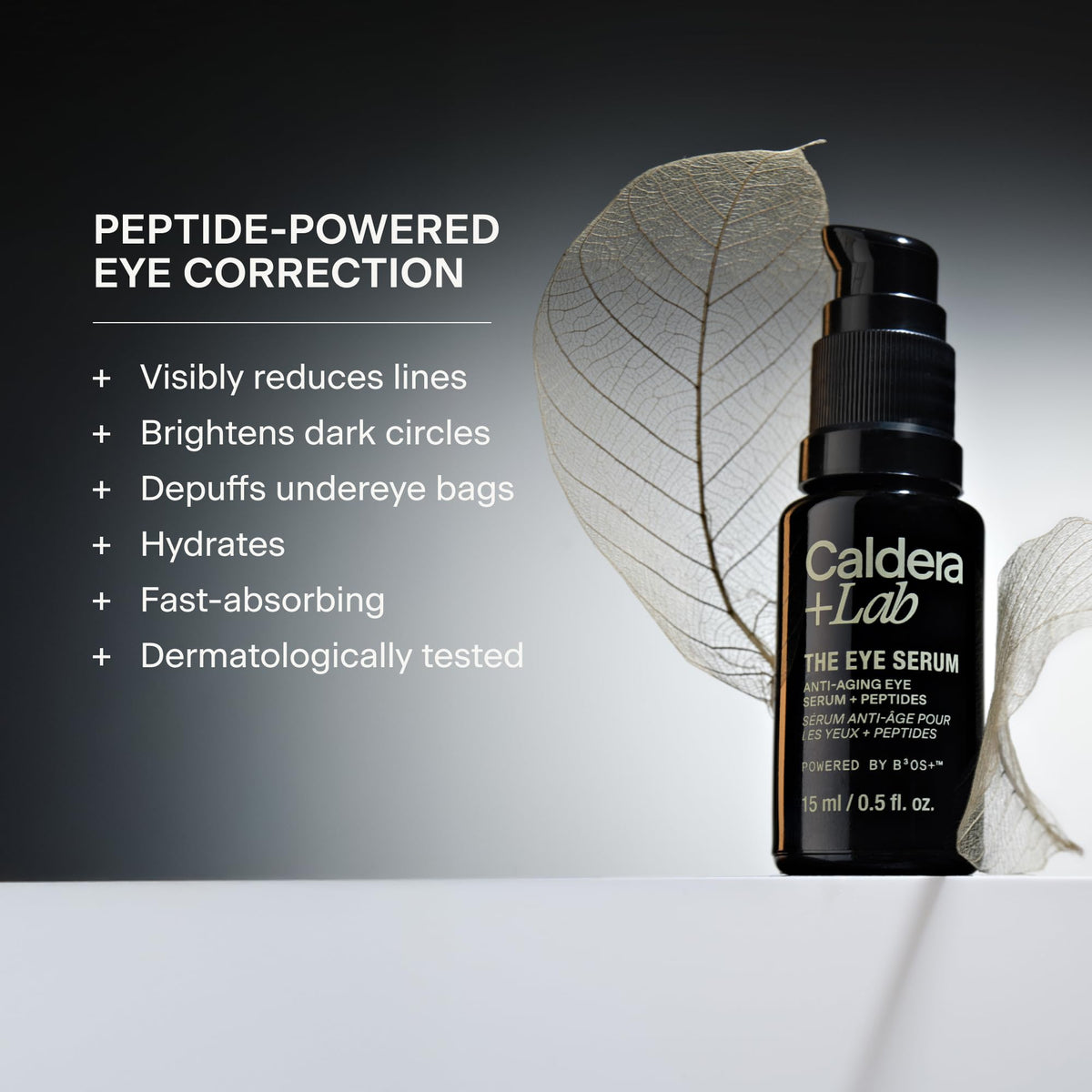 Caldera + Lab Eye Serum bottle detail highlighting peptide-rich formula benefit