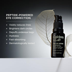 Caldera + Lab Eye Serum bottle detail highlighting peptide-rich formula benefit