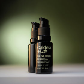 Caldera + Lab serum on bathroom counter in routine setting for daily use benefit