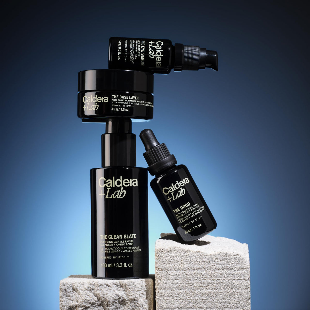 Caldera + Lab man applying eye serum demonstrating reduced puffiness benefit