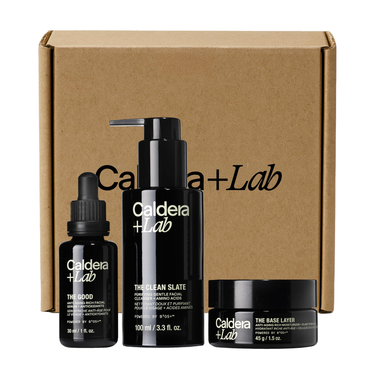 Caldera + Lab front packaging showing full Regimen Rich kit and benefits