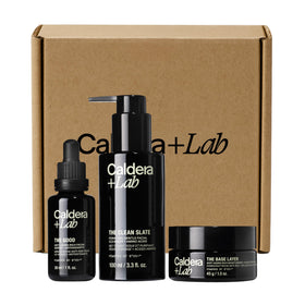 Caldera + Lab front packaging showing full Regimen Rich kit and benefits