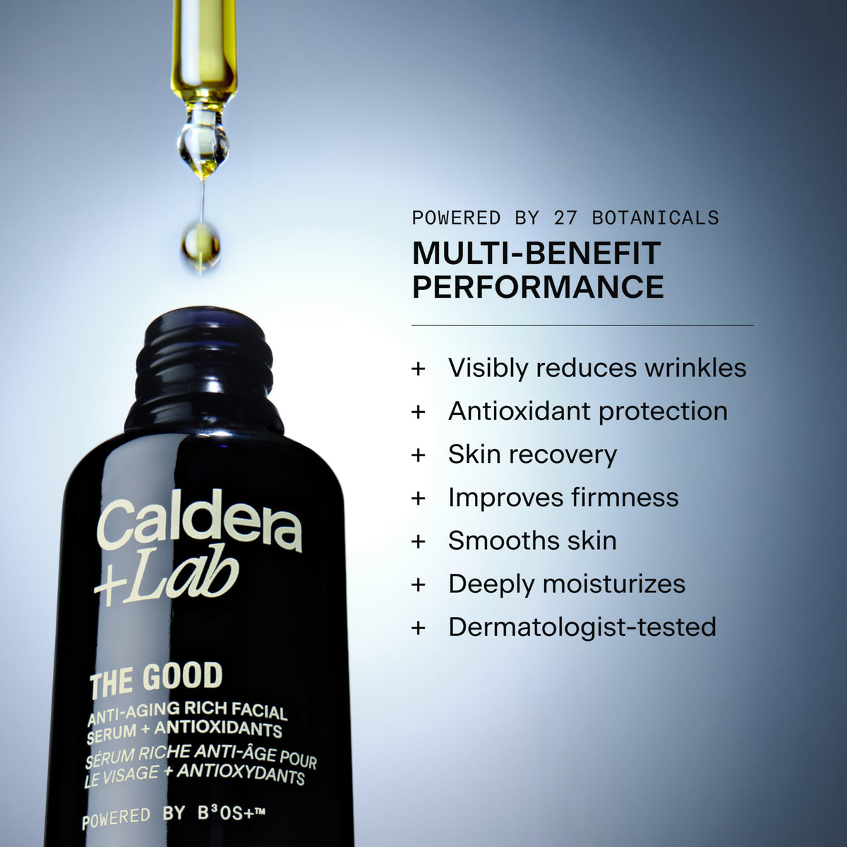 Caldera + Lab label close-up highlighting botanical ingredients and certifications