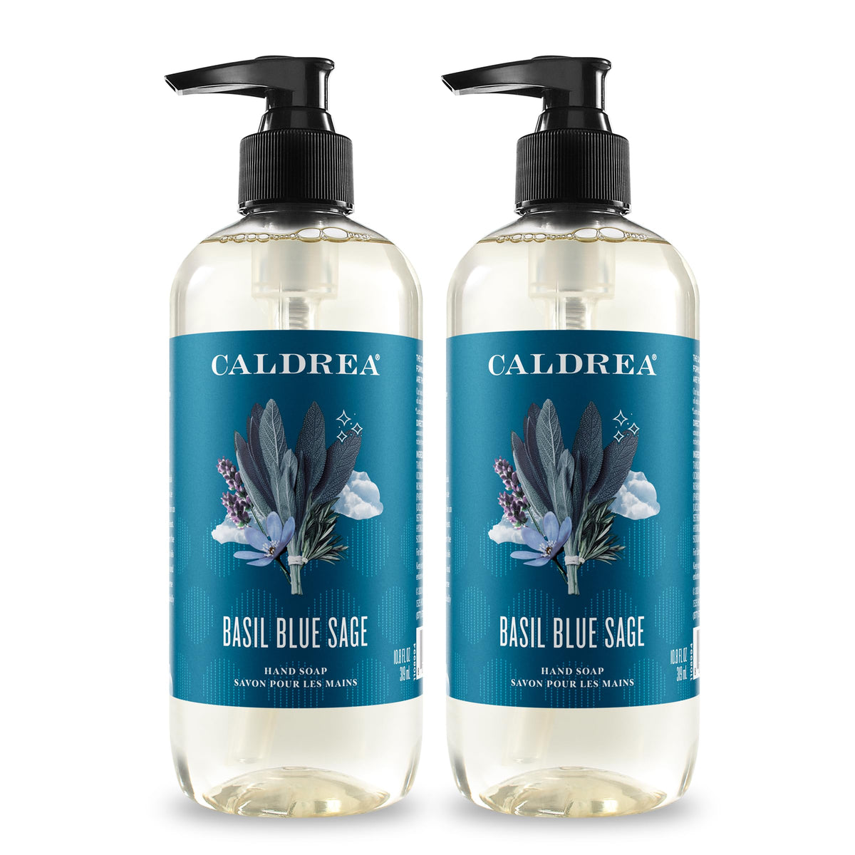 Caldrea bottle front view showing label and pump, soft moisturizing hand wash