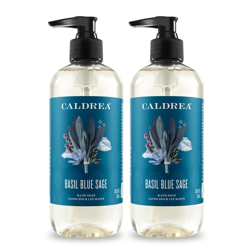 Caldrea bottle front view showing label and pump, soft moisturizing hand wash