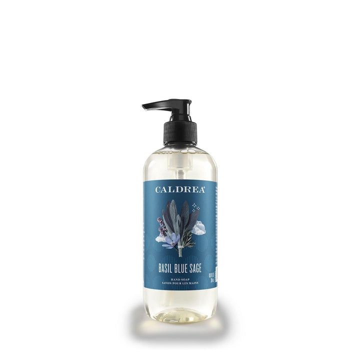 Caldrea bottle front view on counter showing elegant label and bright scent