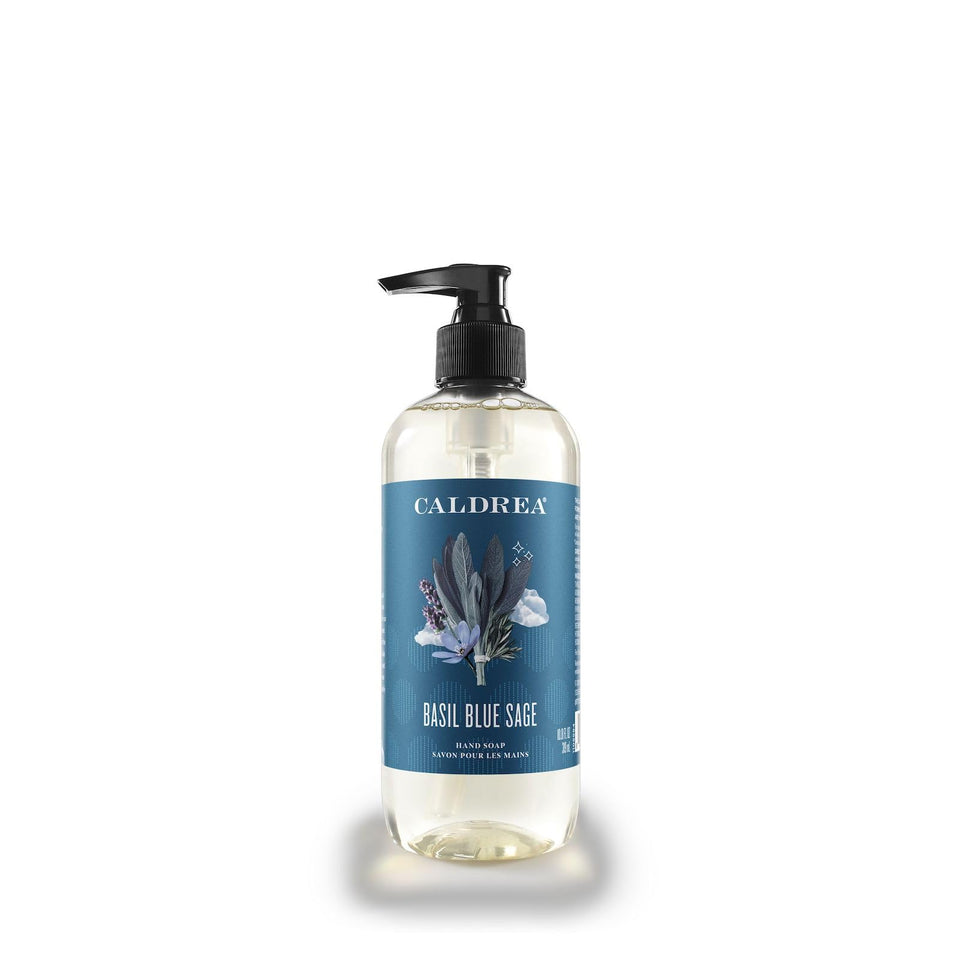 Caldrea bottle front view on counter showing elegant label and bright scent