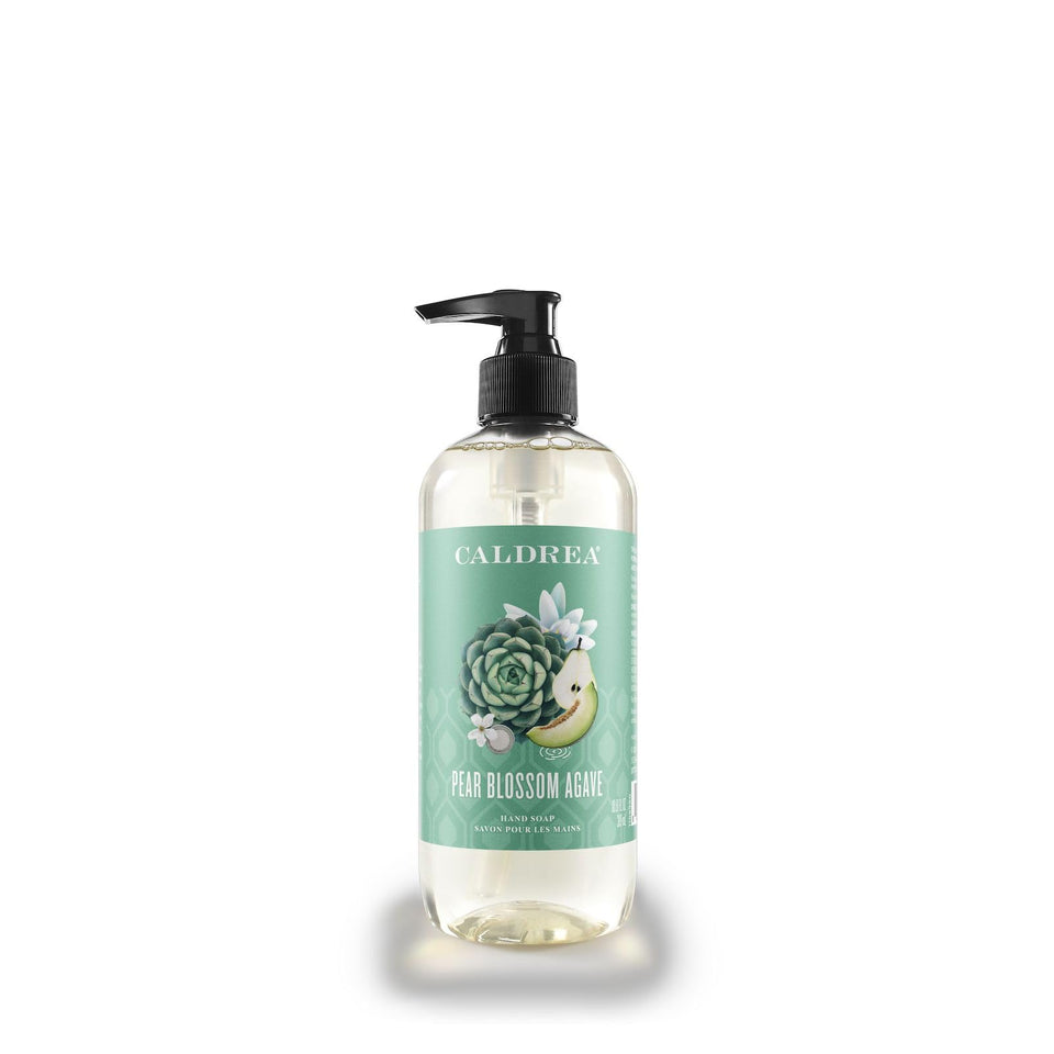 Caldrea front packaging showing pear blossom agave scent and elegant bottle — enhances countertop look