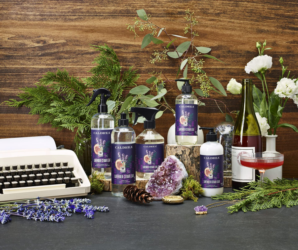 Caldrea refill on bathroom counter in lifestyle scene creating calming ambiance