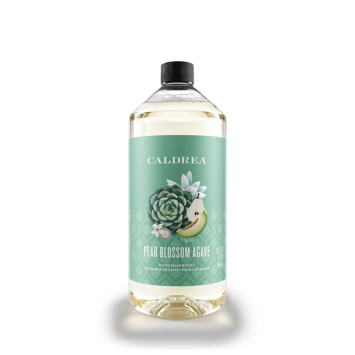 Caldrea front packaging showing 32 oz refill and pear blossom agave scent benefit refill savings