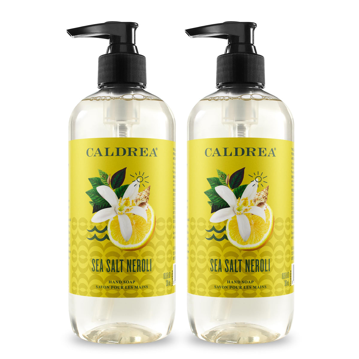 Caldrea front bottle showing label and pump, elegant scent and moisturizing benefits