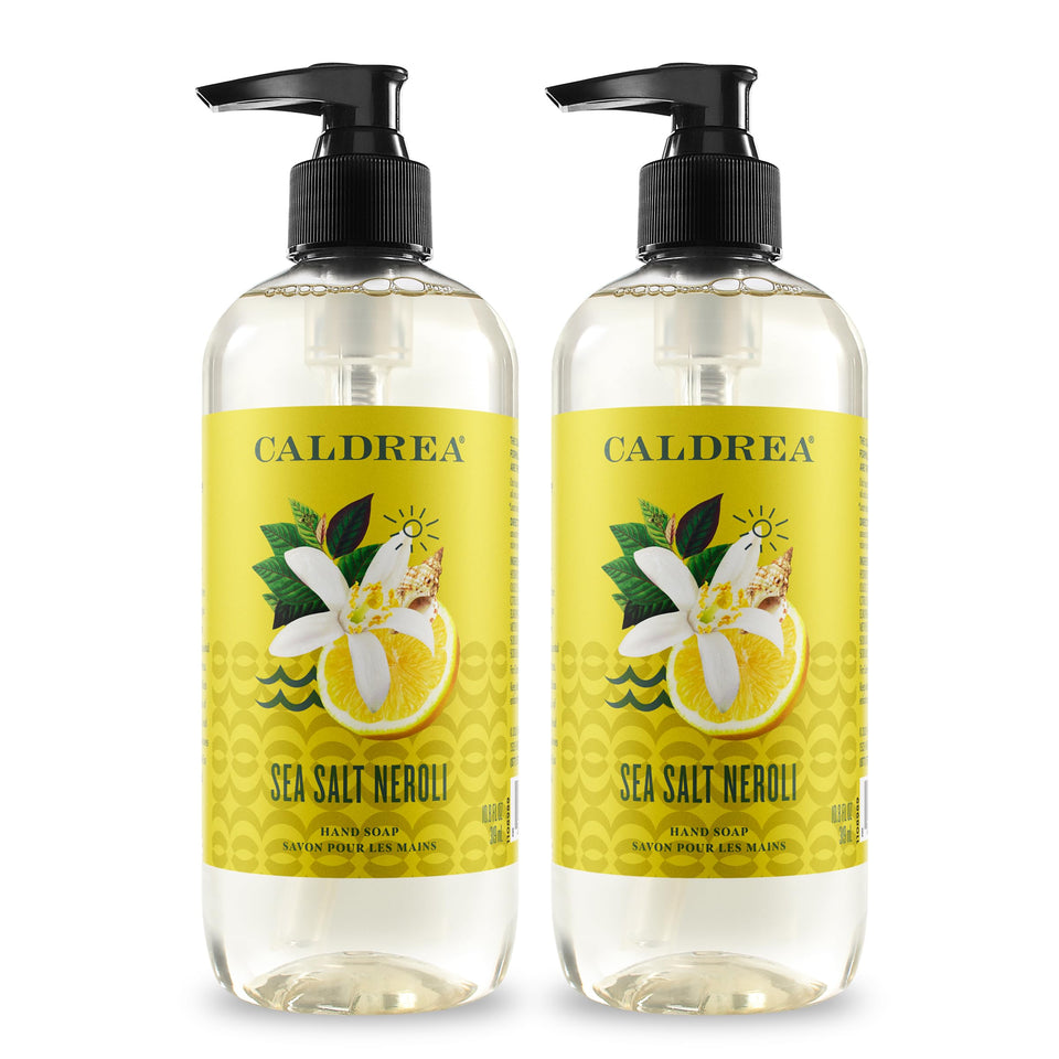 Caldrea front bottle showing label and pump, elegant scent and moisturizing benefits