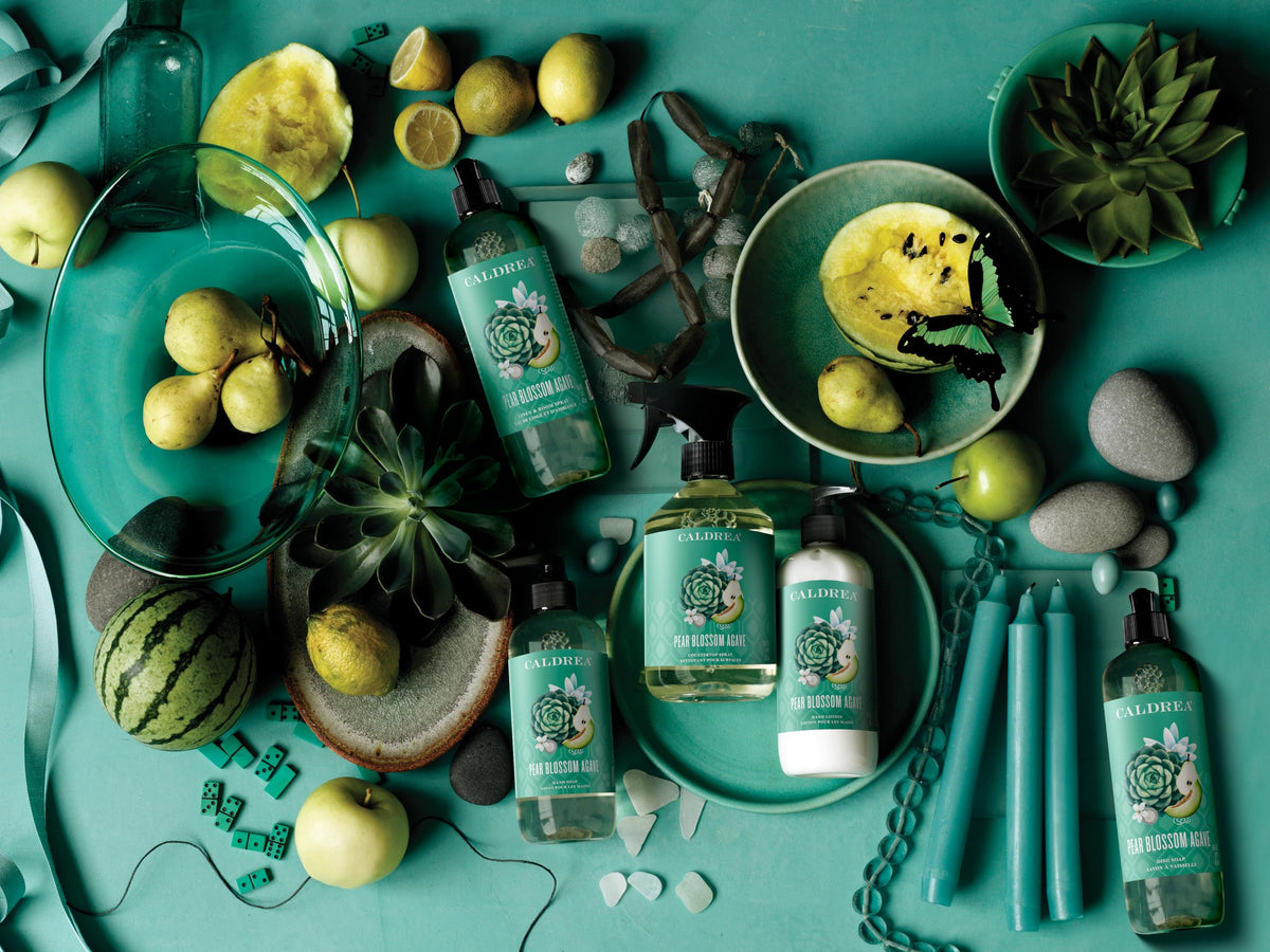 Caldrea two-pack on kitchen counter creating a fragrant, tidy sink setup
