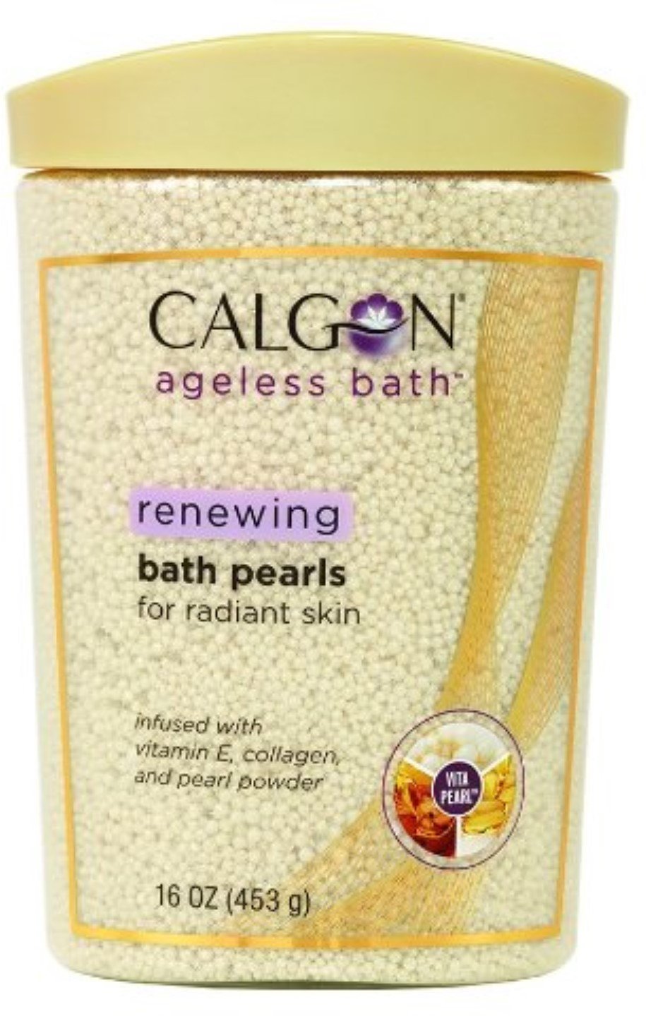 Calgon ageless bath pearls front jar view showing brand and moisturizing benefit