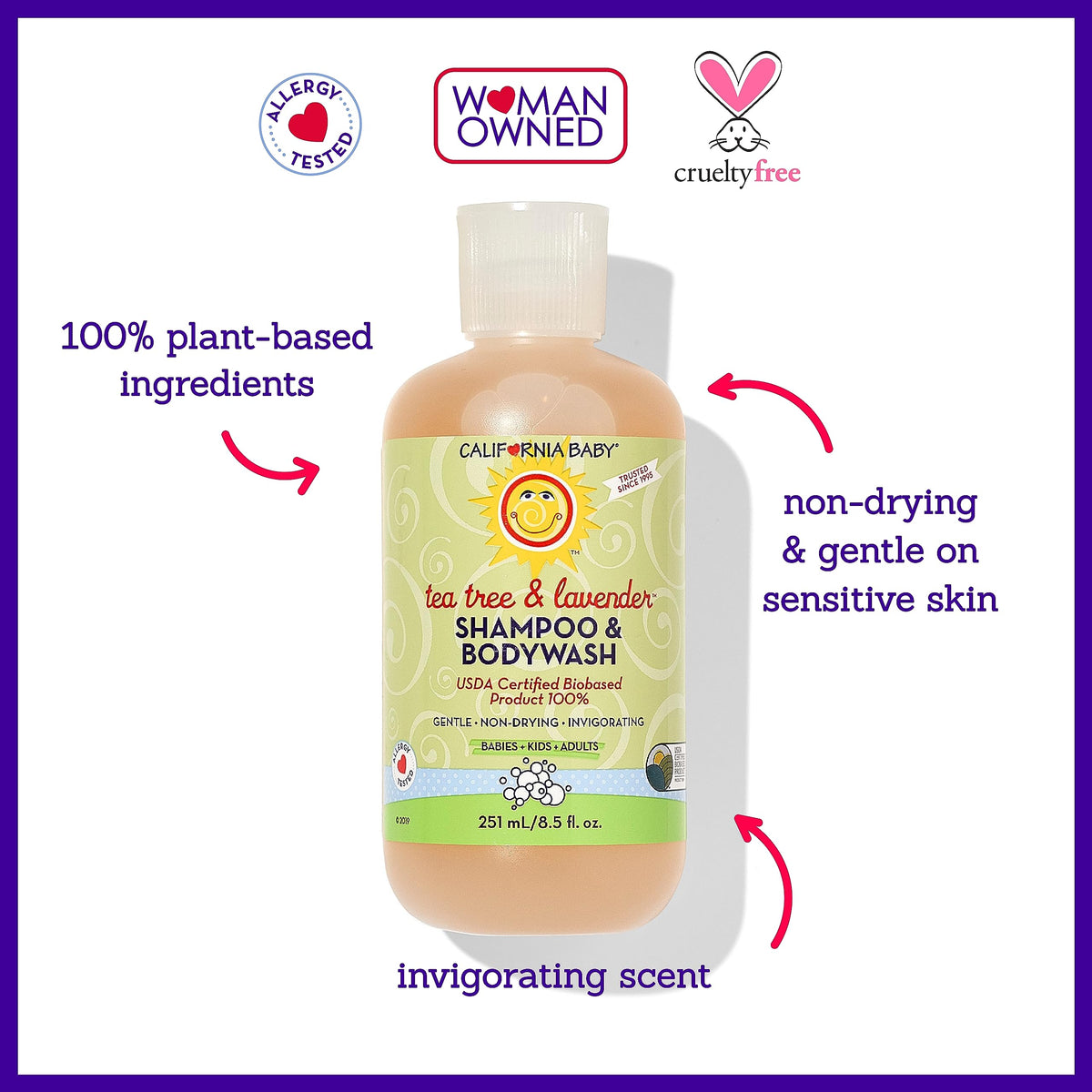 California Baby shampoo in adult hand demonstrating gentle lather for sensitive skin benefit