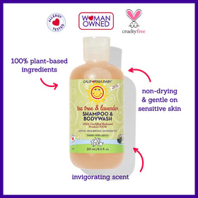 California Baby shampoo in adult hand demonstrating gentle lather for sensitive skin benefit