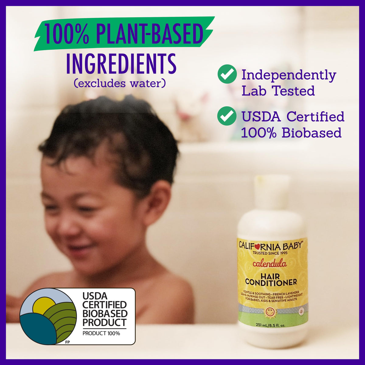 California Baby 251 mL bottle next to hand for size and travel-friendly benefit