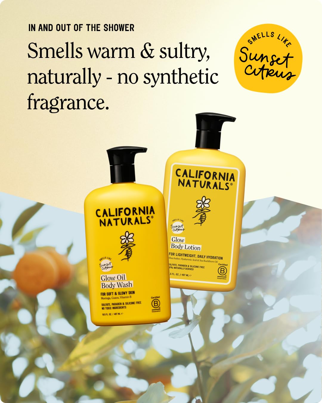 California Naturals lotion on bathroom counter in warm setting, suggesting daily routine and fresh citrus scent