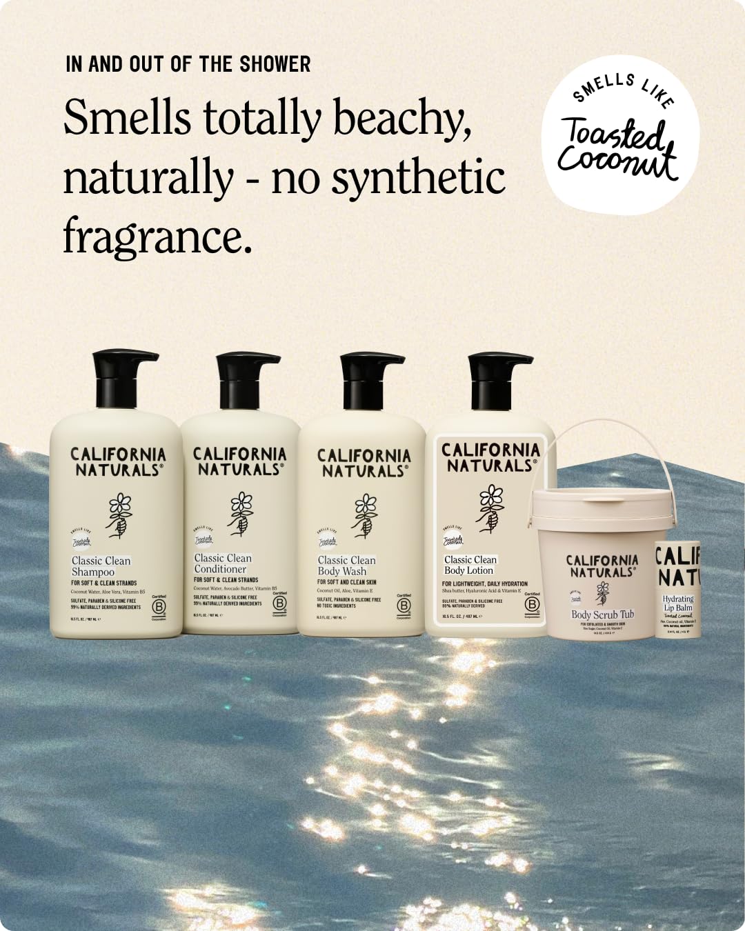 California Naturals bottle on bathroom shelf styled to evoke routine comfort and freshness