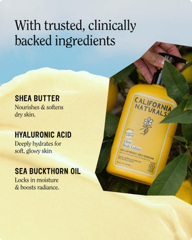 California Naturals pump dispensing lotion into hand, demonstrating quick absorption and non-greasy feel