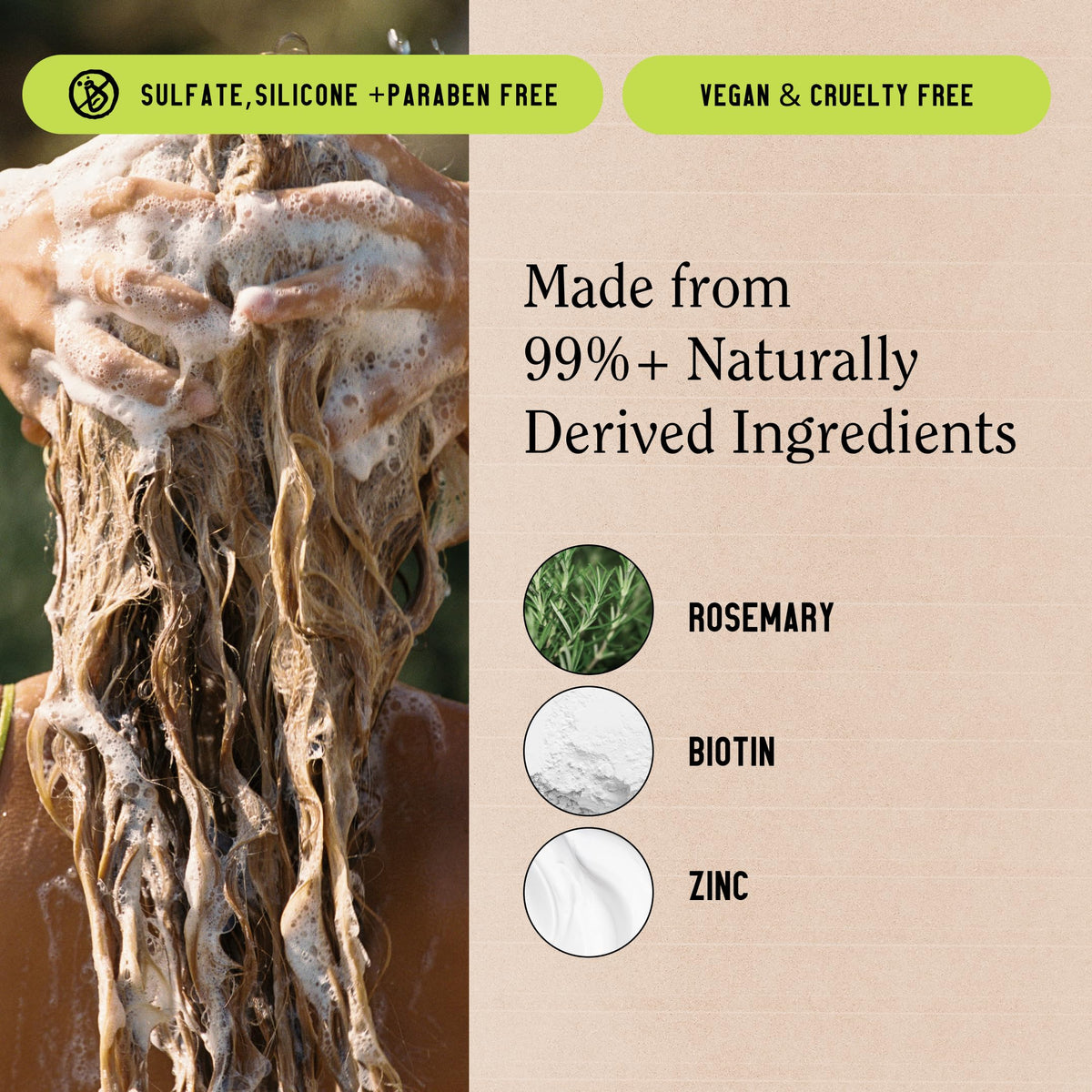California Naturals Re:GRO pump dispensing shampoo demonstrating gentle lather benefit