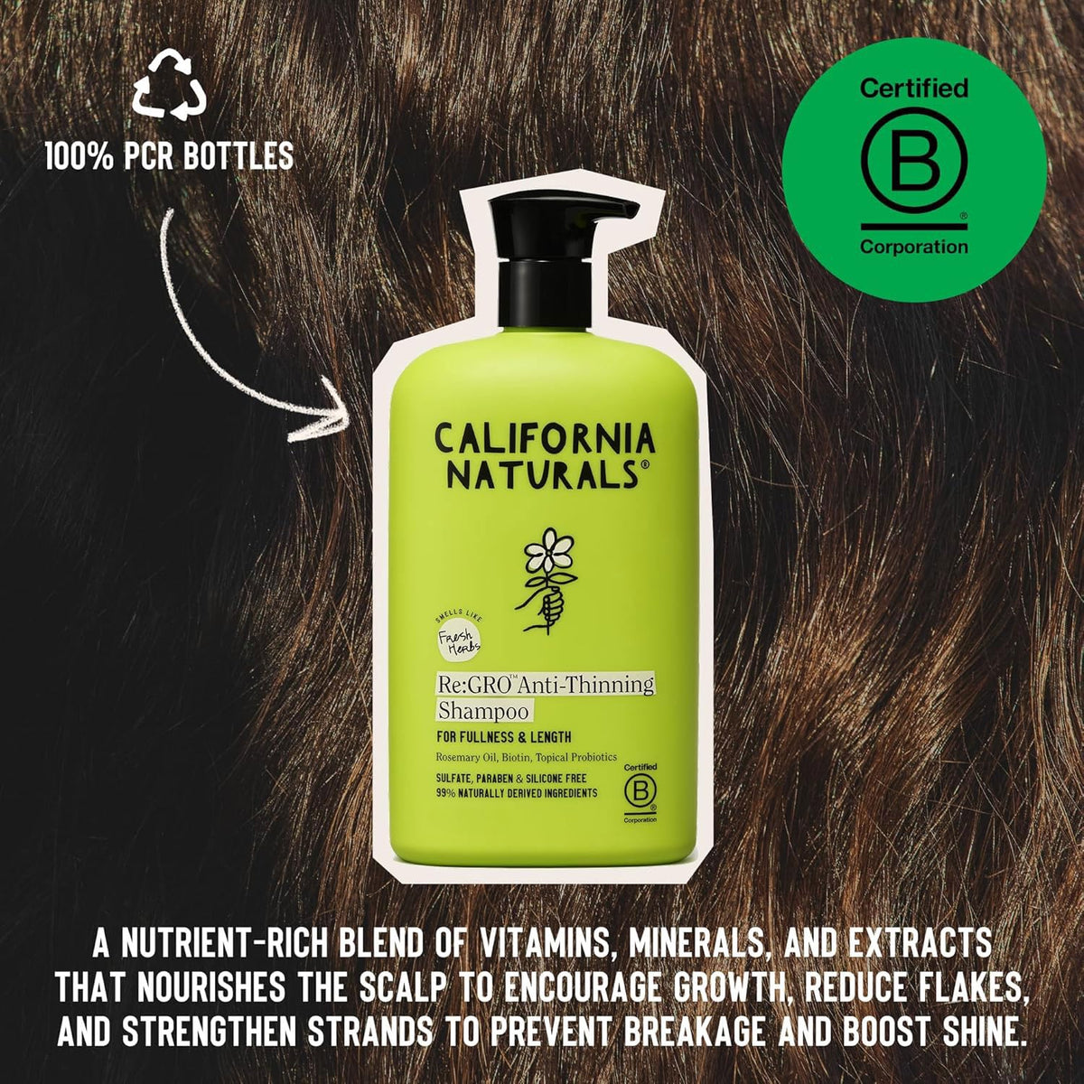 California Naturals Re:GRO bottle in hand showing 20 fl oz scale and travel convenience