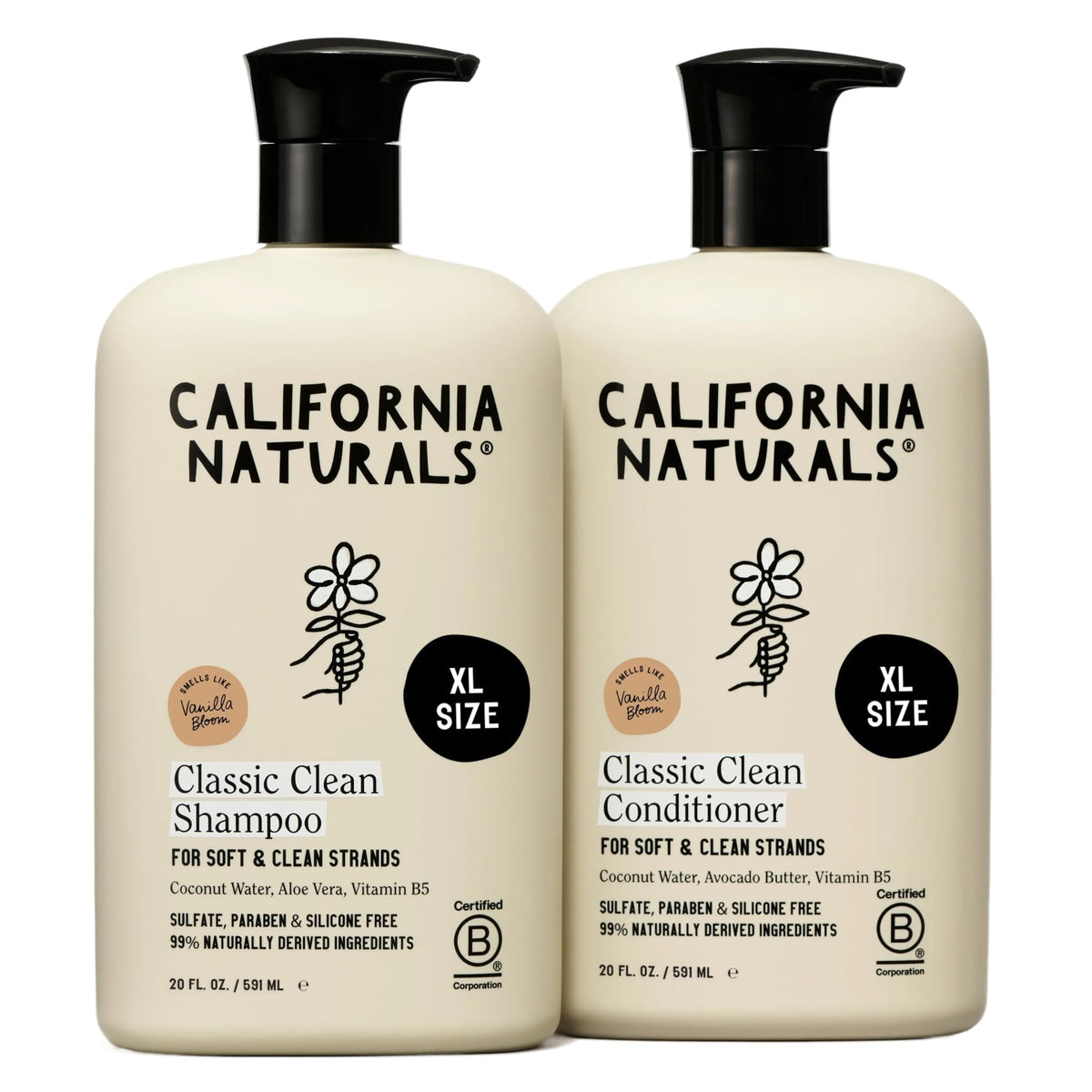 California Naturals front packaging showing 20oz shampoo and conditioner duo benefit: clear labeling