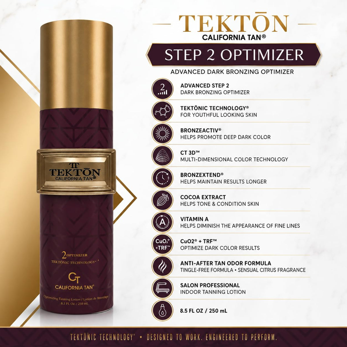 California Tan Optimizer label closeup displaying Tektonic Technology benefits