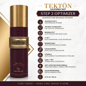California Tan Optimizer label closeup displaying Tektonic Technology benefits