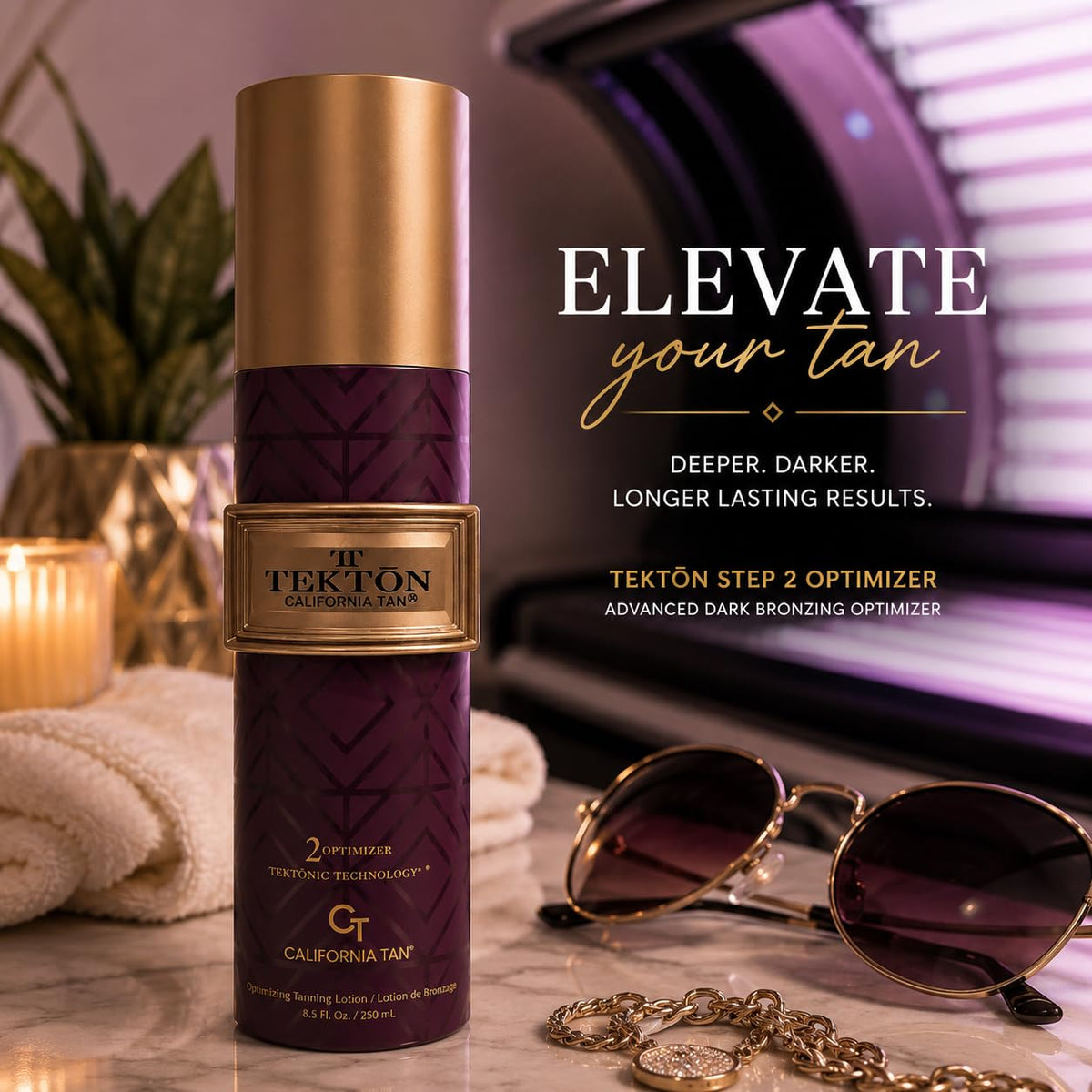 California Tan Optimizer bottle beside everyday item for size reference benefit