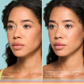 caliray mist action spraying across face area demonstrating long-lasting hold benefit