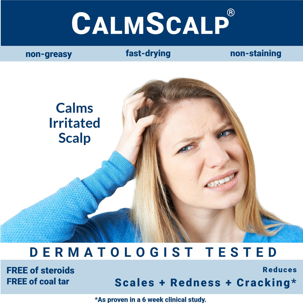 CalmScalp bottle on bathroom shelf lifestyle, easy integration into daily routine