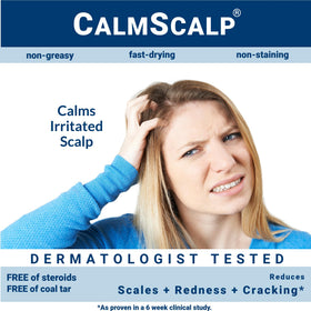 CalmScalp bottle on bathroom shelf lifestyle, easy integration into daily routine