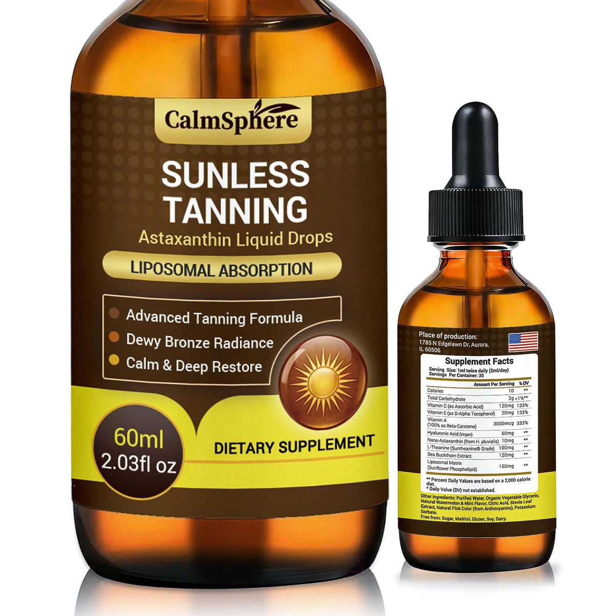 CalmSphere bottle front view showing branding and size, supports easy daily glow