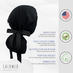 CALOMED scrub cap worn in clinic demonstrating tidy ponytail containment and comfort