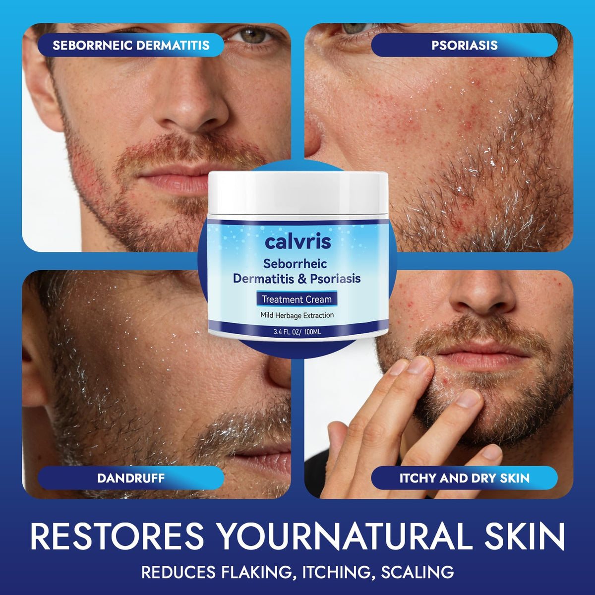 Calvris used on beard showing gentle nourishment and non-greasy finish benefit