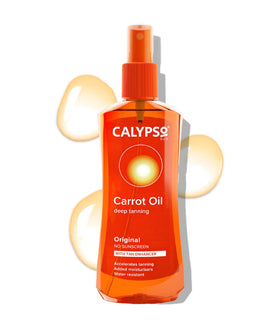 Calypso bottle front packaging showing 220ml size and carrot oil benefit