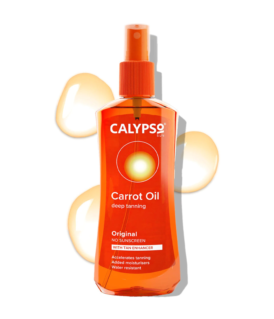 Calypso bottle front packaging showing 220ml size and carrot oil benefit