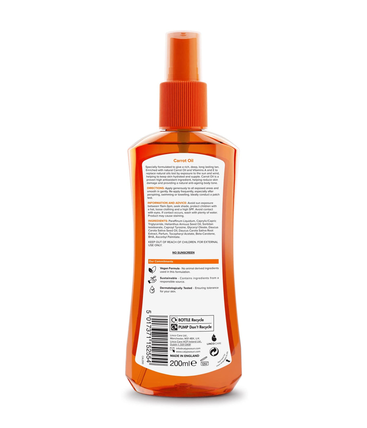Label detail of Calypso carrot oil showing vitamins A and E benefit