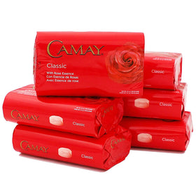 Camay rose front packaging showing 6-bar pack and clear branding benefits