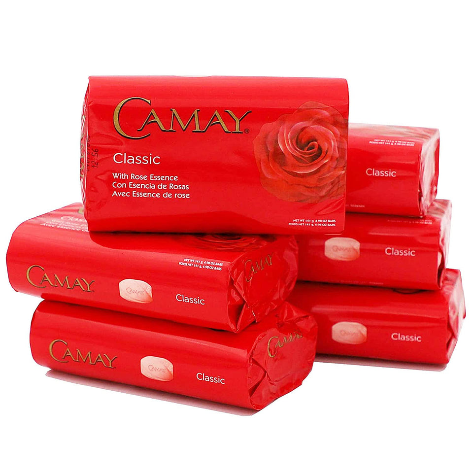 Camay rose front packaging showing 6-bar pack and clear branding benefits