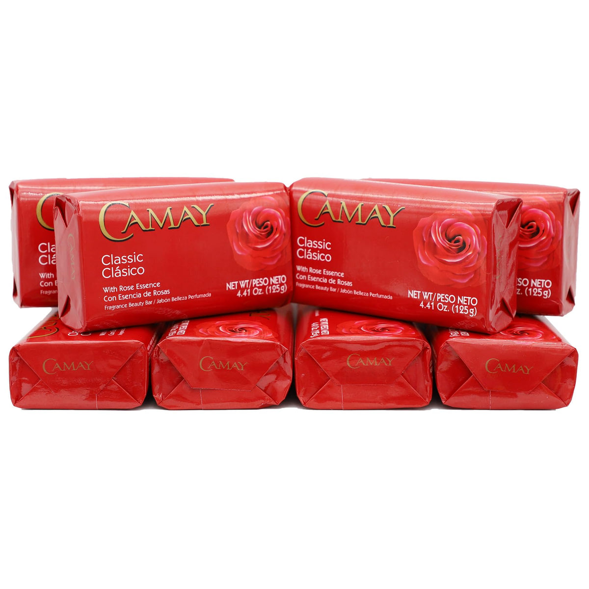 Camay front packaging showing eight-bar box and rose scent benefit